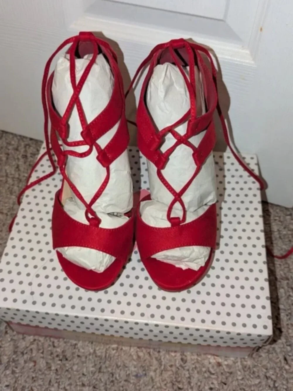 Red Lace Up Block Heels